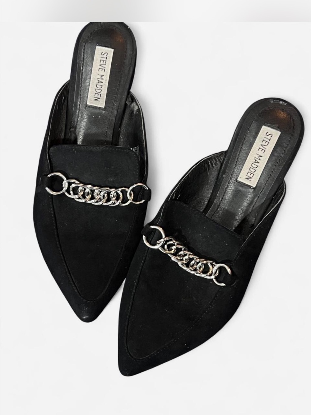 Steve Madden Black Pointed Slip-On Mules with Silver Chain